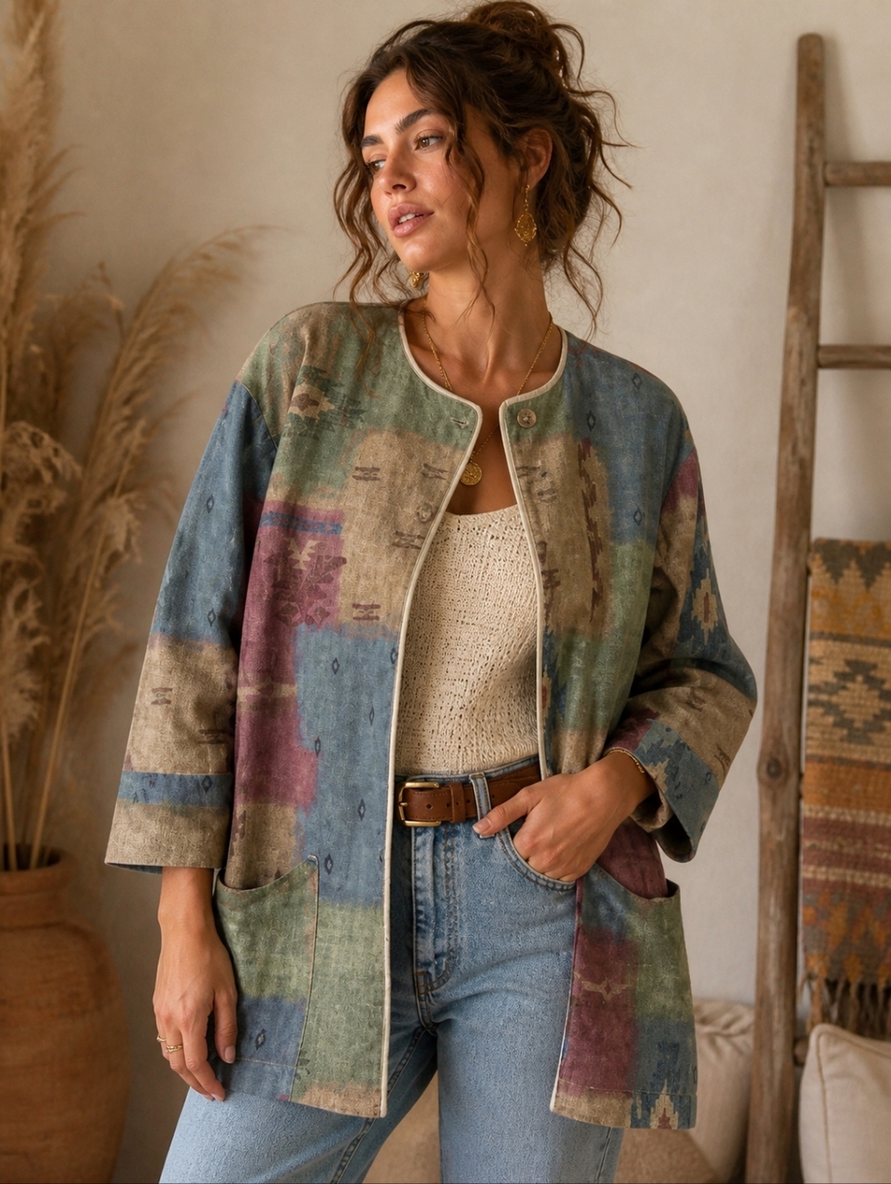 Vintage Aztec Southwestern Canvas Long Jacket Women's Small Boho